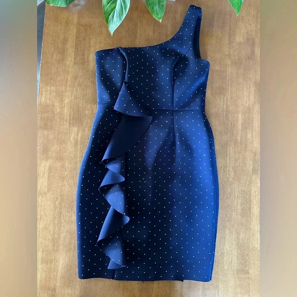 BETSY & ADAM Metallic-dot Ruffled Scuba Dress